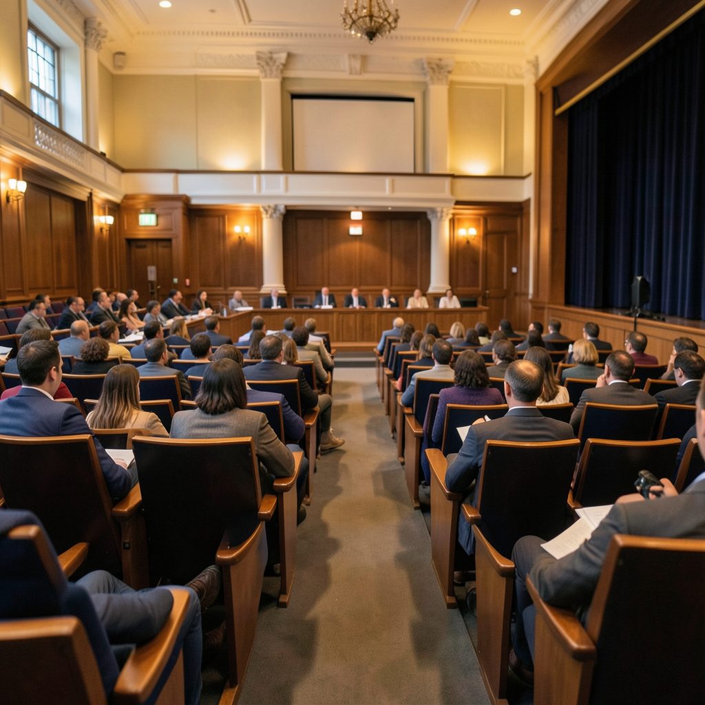 Warmly lit interior of a university lecture hall with rows of seating in soft amber and navy tones, conveying a quiet scholarly mood