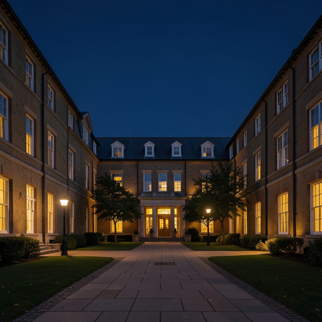 A quiet university campus courtyard at dusk, with warm golden light spilling from windows onto pathways and a deep navy sky above