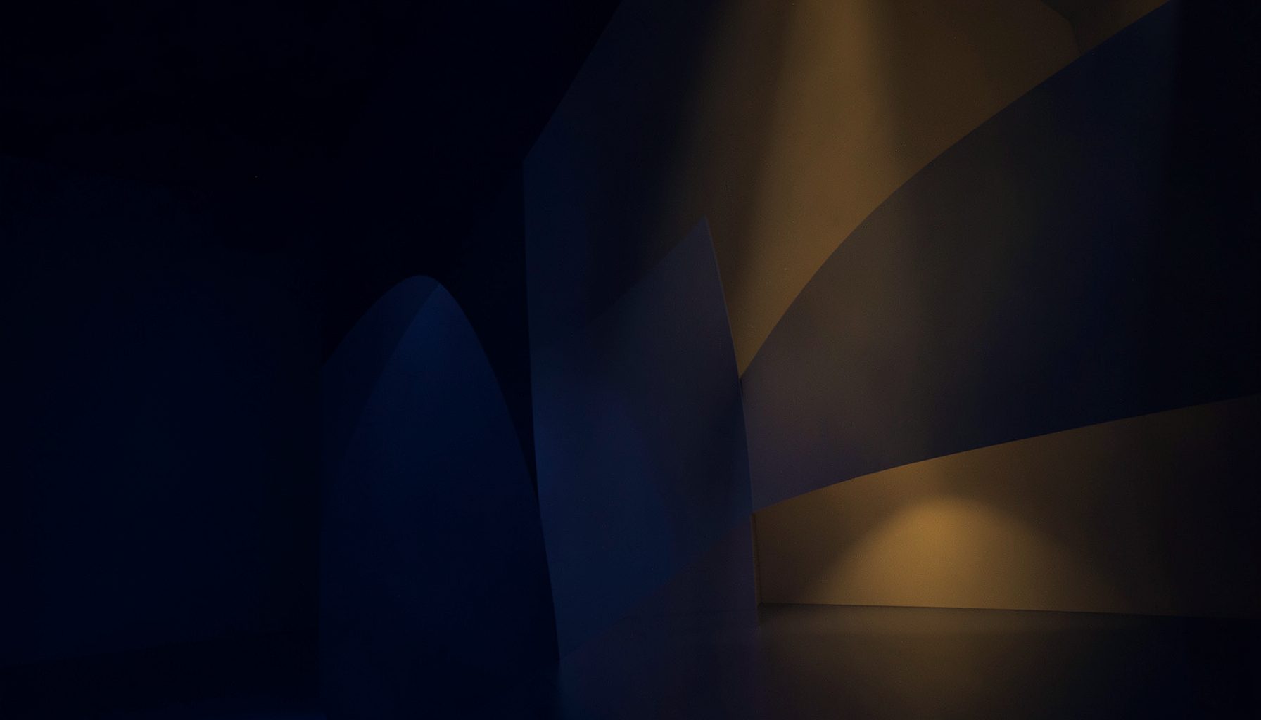 Abstract composition of deep navy blue and warm golden tones, with soft overlapping shapes suggesting gallery walls and quiet contemplation