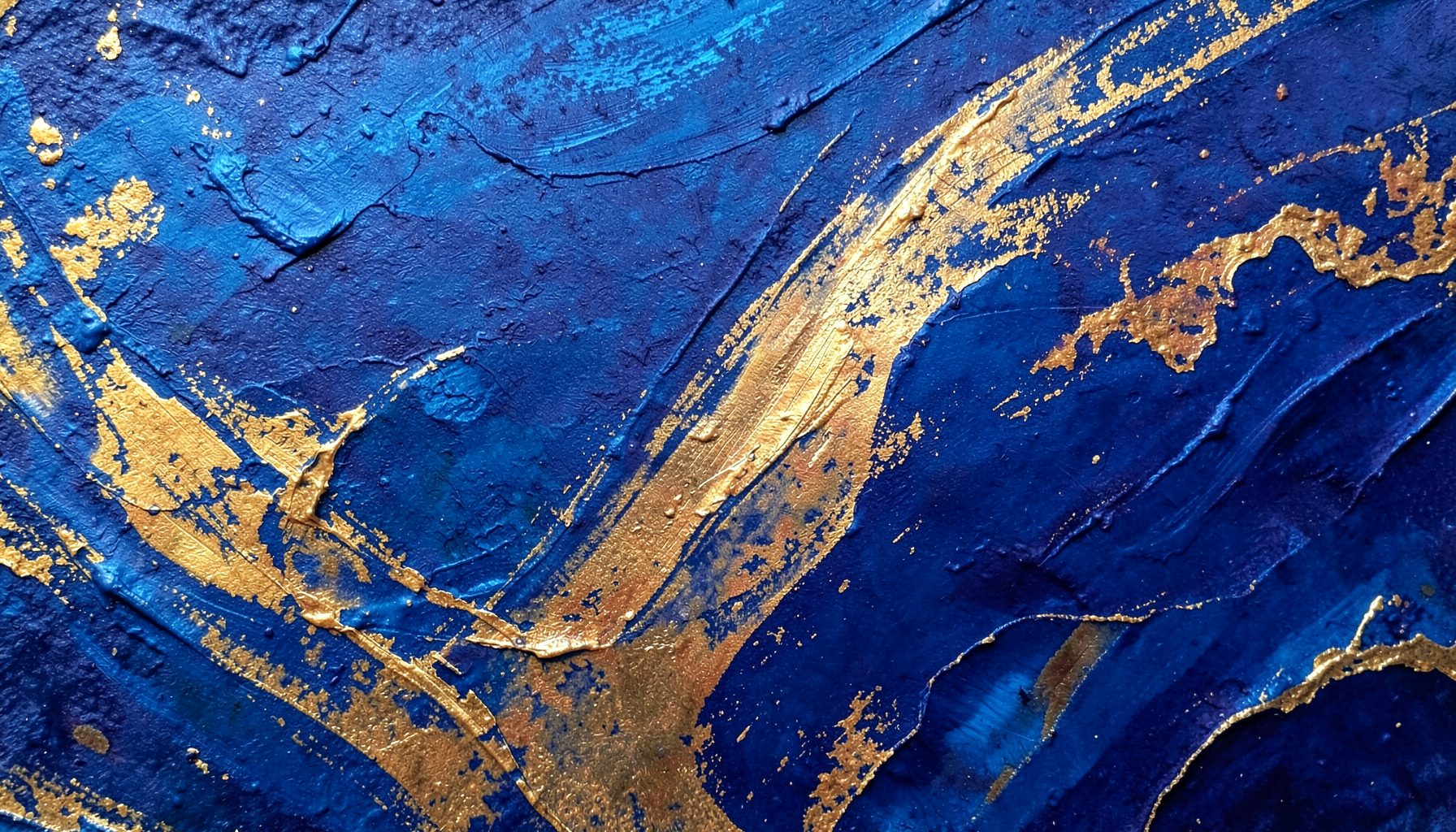 Abstract textured artwork in deep blues and warm golds, with layered brushstrokes suggesting cultural and spiritual themes